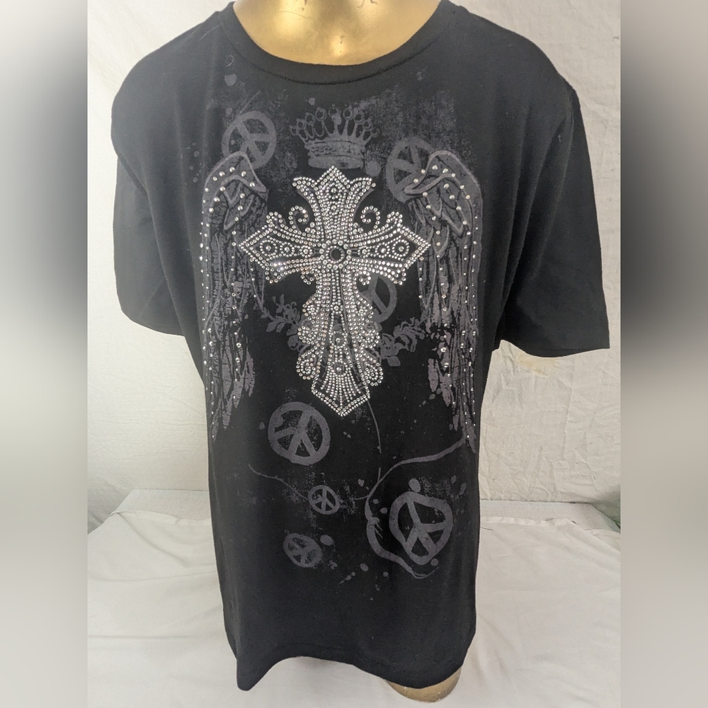 Lady Noiz Women's Black Top Angel Wings And Cross Bling Size XL